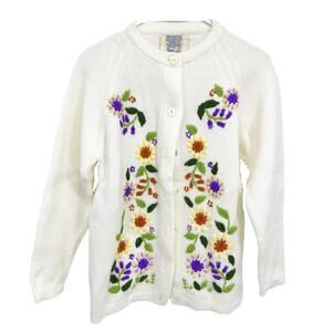 Vintage Sears Floral Embroidered White Knit Cardigan Sweater Size M